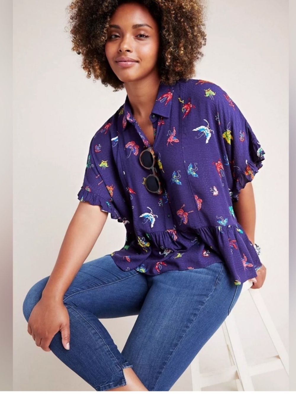 Maeve by Anthropologie Purple Short-Sleeve Button Front Peplum Top butterfly